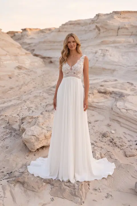 A118 Dorothy wedding dress by Aveline, empire, lace