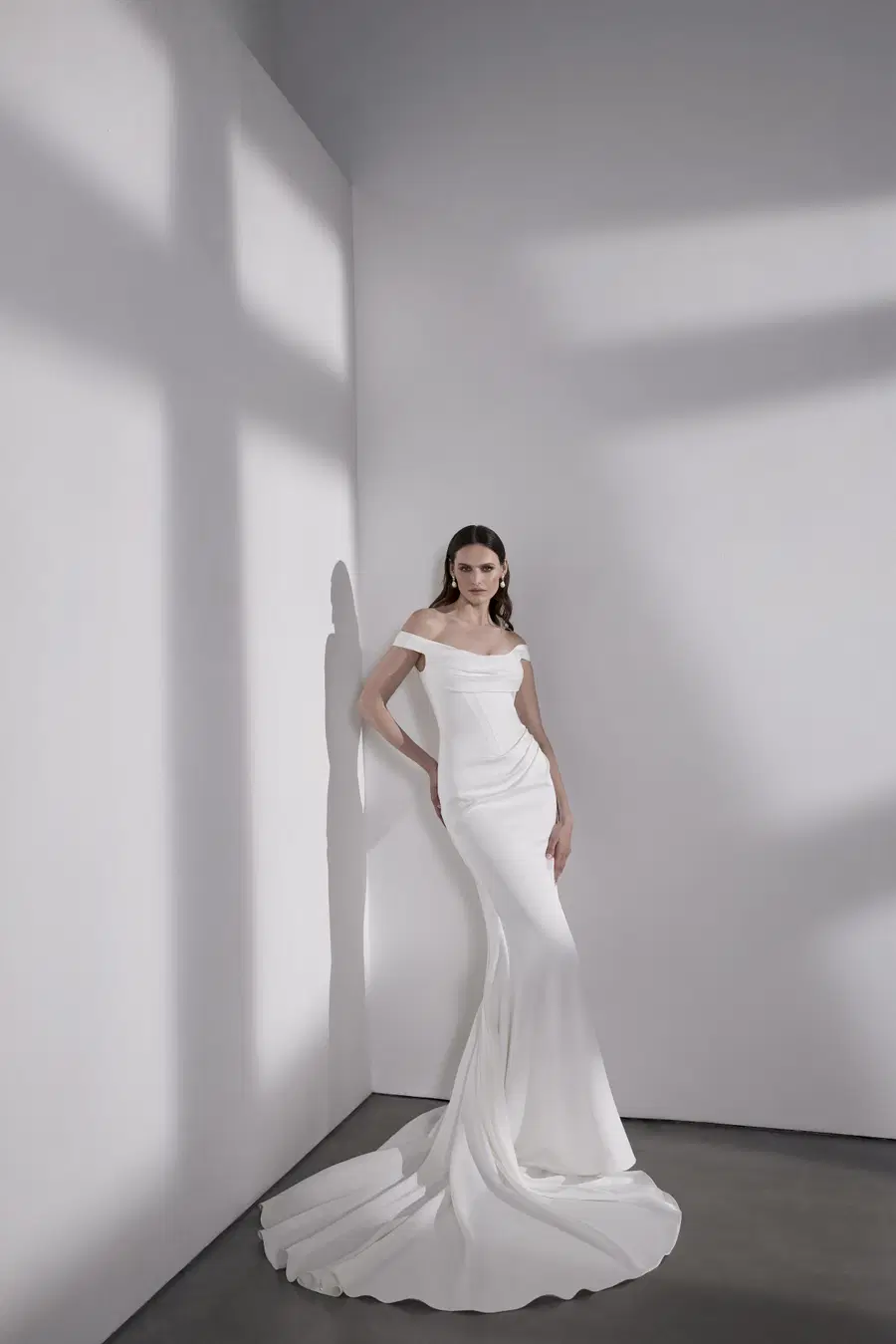 Bailey by Avenue by Josephine Scott: Trumpet silhouette, off-shoulder neckline, sleeveless, crepe