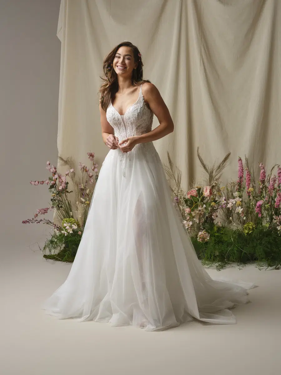 Valarie by Rebecca Ingram: A-Line silhouette, V-neck neckline, crepe