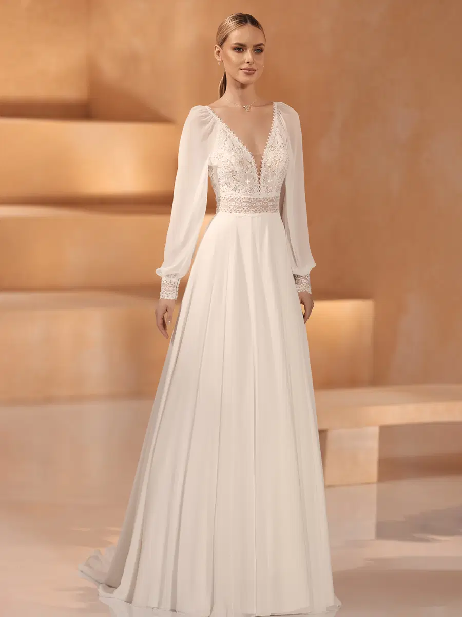 URSULA by Bianco Evento: A-Line silhouette, deep V-neck neckline, long sleeves, lace