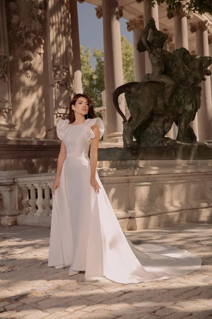 TO-2230T by Agnes: Trumpet silhouette, short sleeves, satin, cathedral train