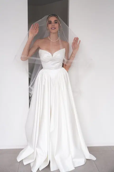 Shallow wedding dress by Fan Xia, A-line, satin