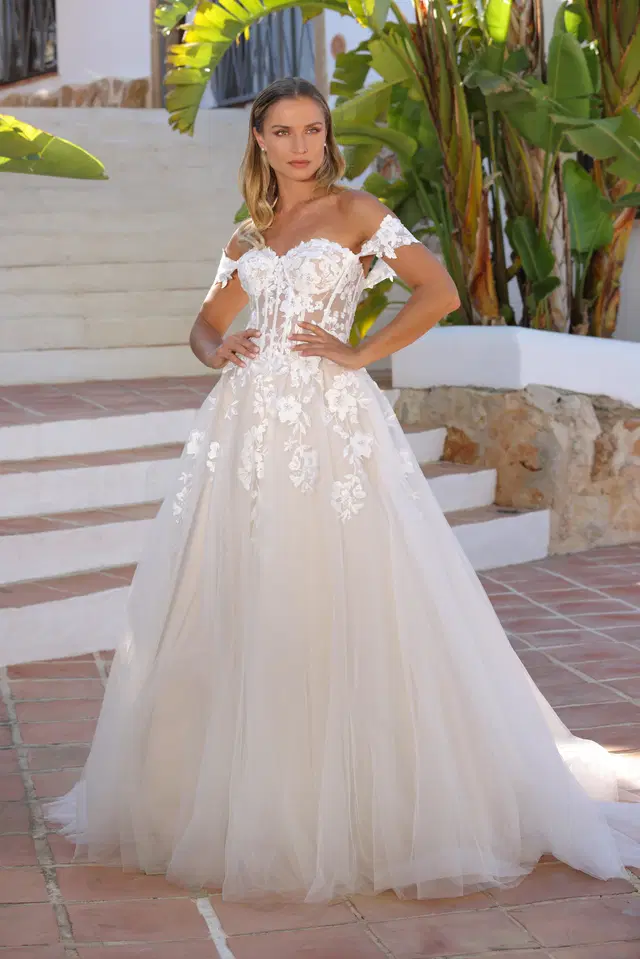 Bridget by Azuree Bridal: Ball Gown silhouette, sweetheart neckline, cap sleeves, lace