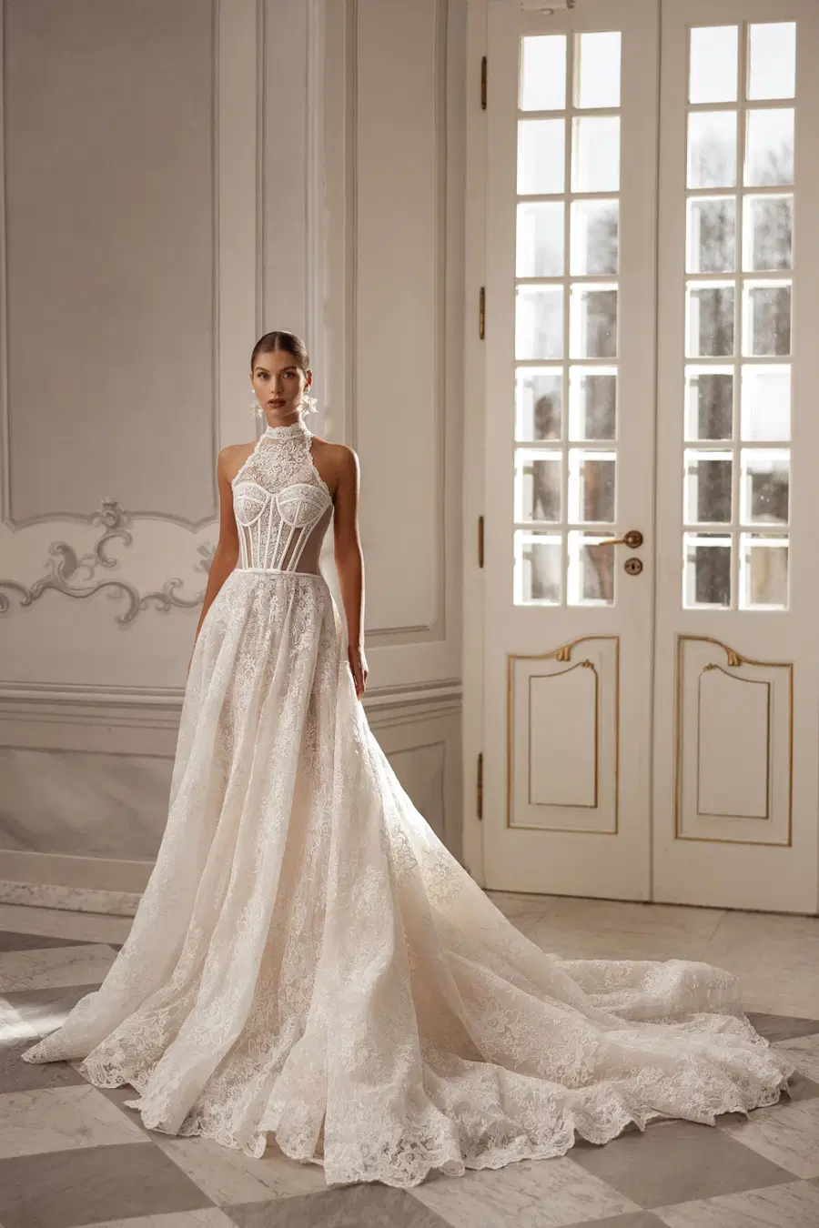 Jane by Tina Valerdi: A-Line silhouette, high / halter neckline, sleeveless, lace