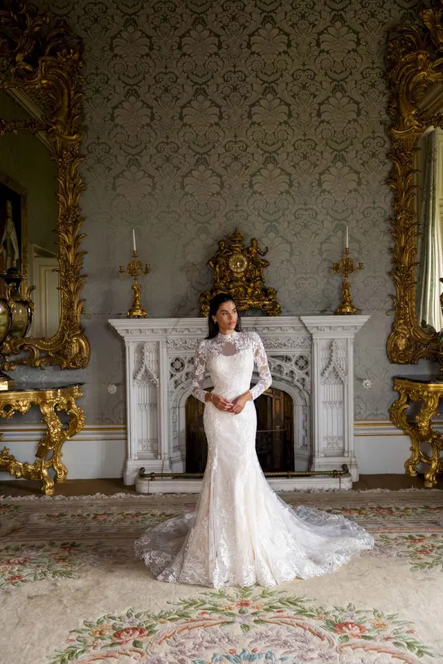 RB2234 by Rachel Allan: Mermaid silhouette, high / halter neckline, long sleeves, lace