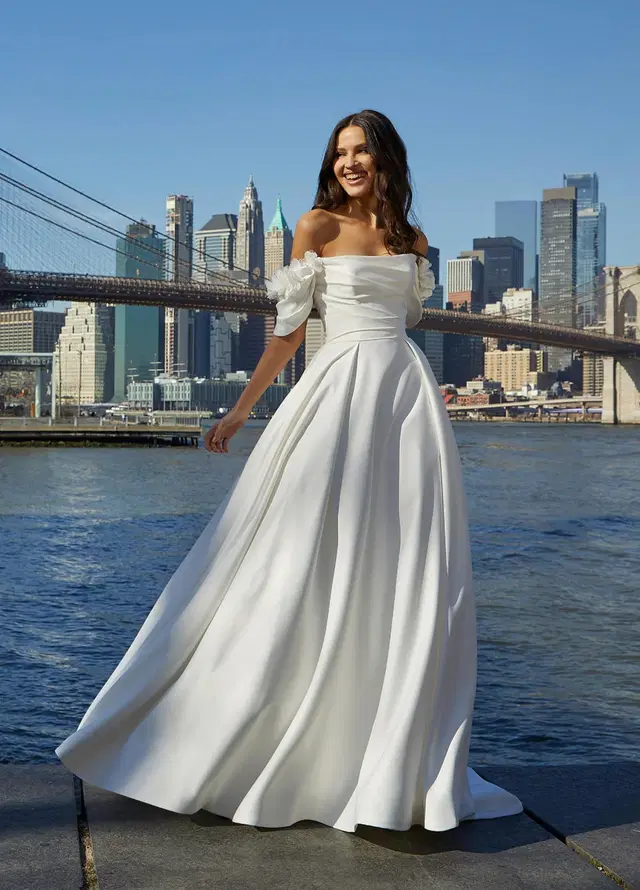 Soleil by Mori Lee: A-Line silhouette, straight neckline, separate sleeves, satin