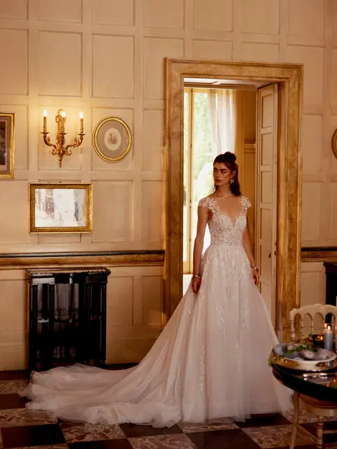 Idina wedding dress by Justin Alexander, ball gown, lace