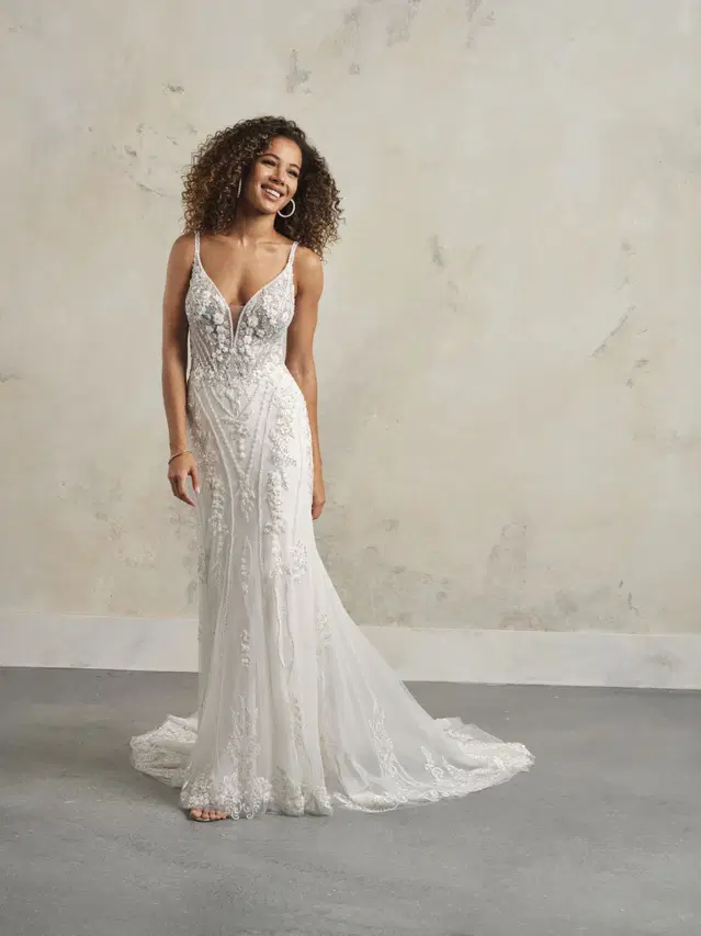 Edie by Maggie Sottero: Fit & Flare silhouette, deep V-neck neckline, sleeveless, lace