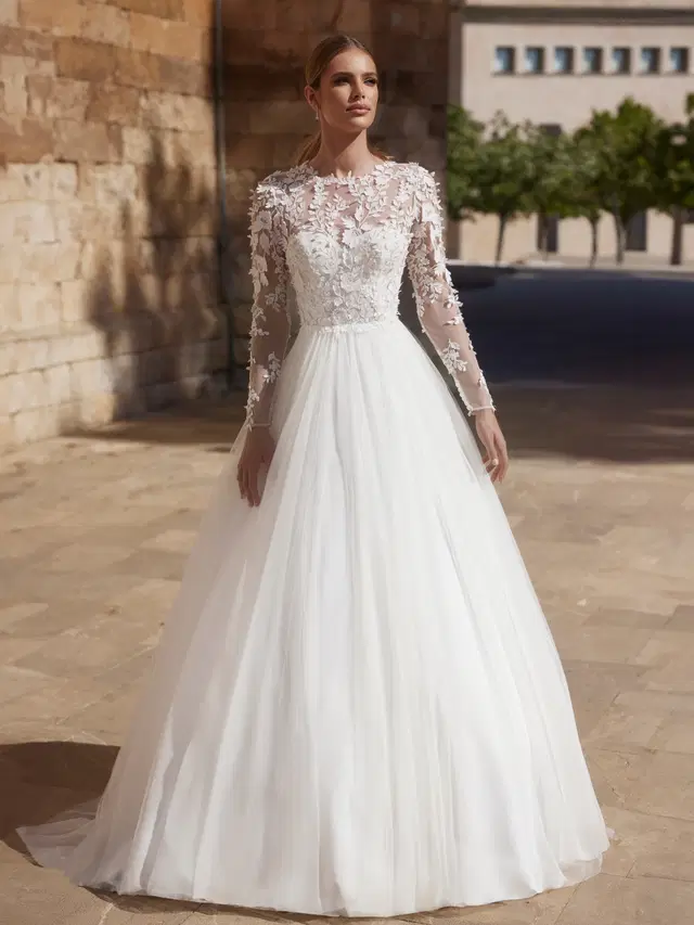 CERSEY by Bianco Evento: Ball Gown silhouette, illusion neckline, long sleeves, tulle