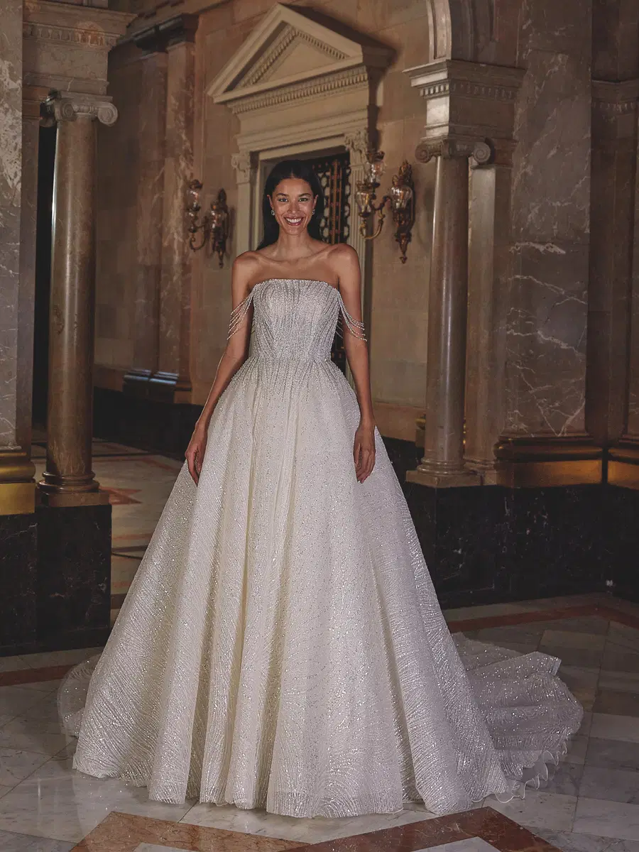 DP548 by Demetrios: Ball Gown silhouette, straight neckline, sleeveless, tulle