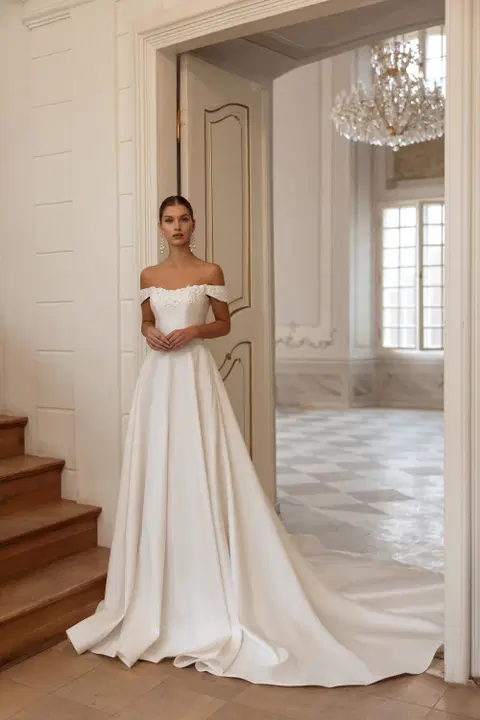 June wedding dress by Tina Valerdi, A-line, mikado