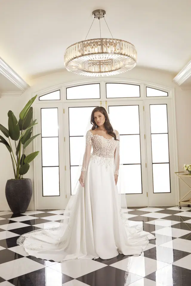 Margo by Casablanca Bridal: A-Line silhouette, illusion neckline, long sleeves, tulle