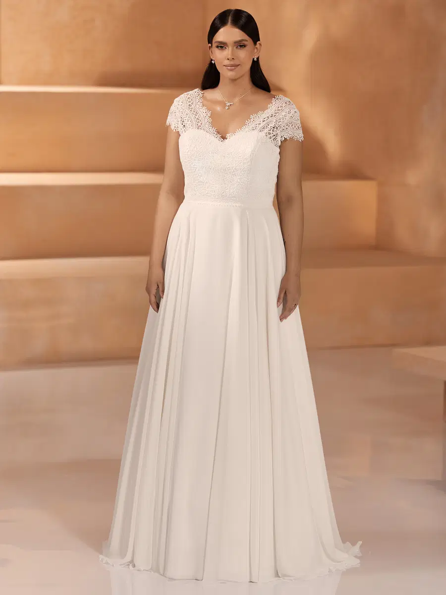 KSENA c by Bianco Evento: A-Line silhouette, V-neck neckline, cap sleeves, lace
