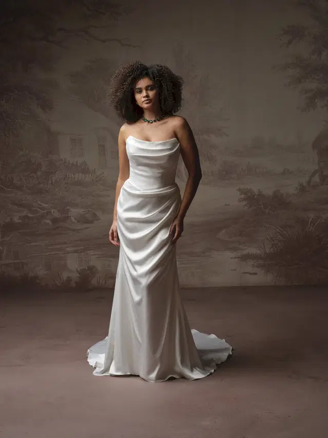 PRESTYN by Maggie Sottero: Fit & Flare silhouette, cat eye neckline, tulle
