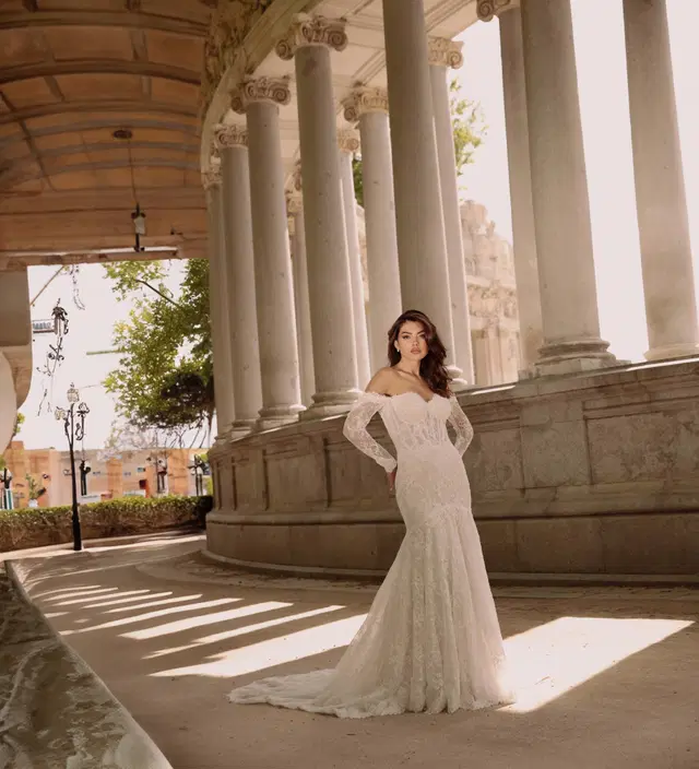 TO-2225T by Agnes: Mermaid silhouette, sweetheart neckline, long sleeves, lace
