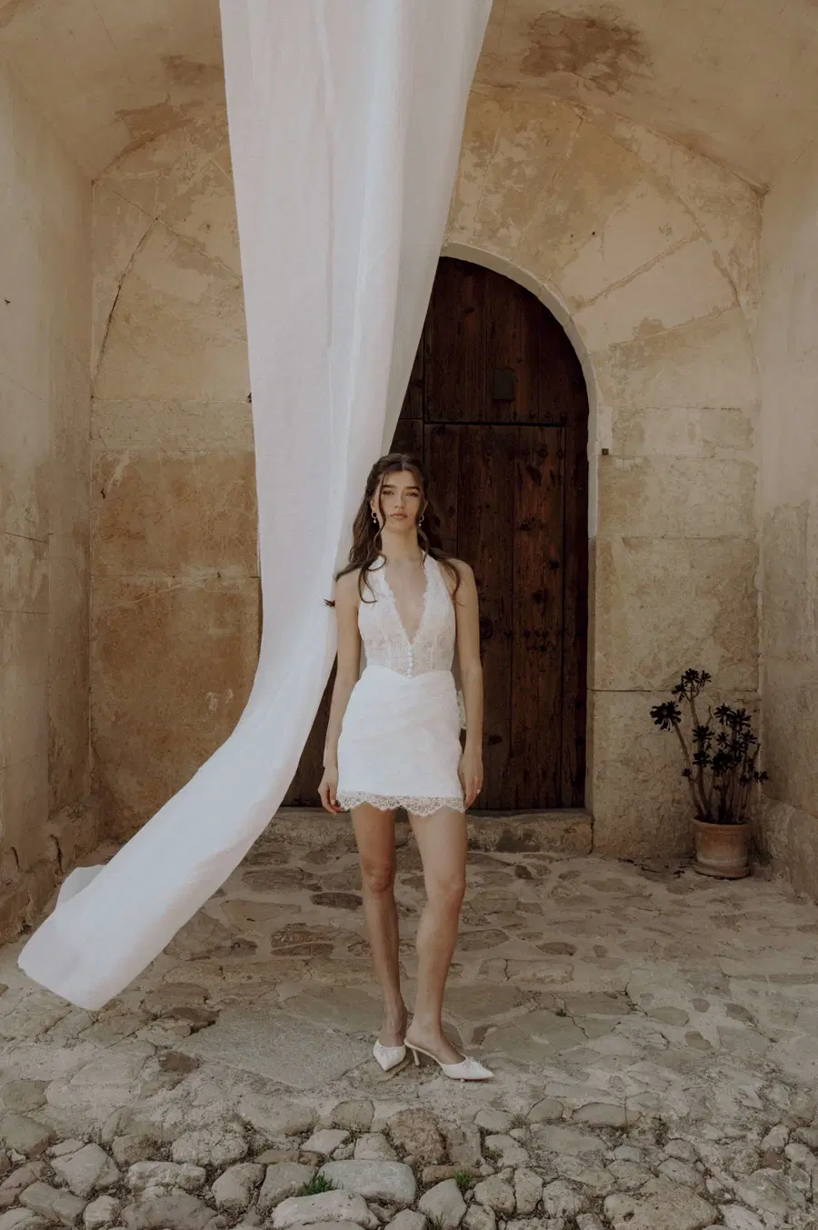 Eloise Mini by MWL Bride: Short silhouette, deep V-neck neckline, sleeveless, lace