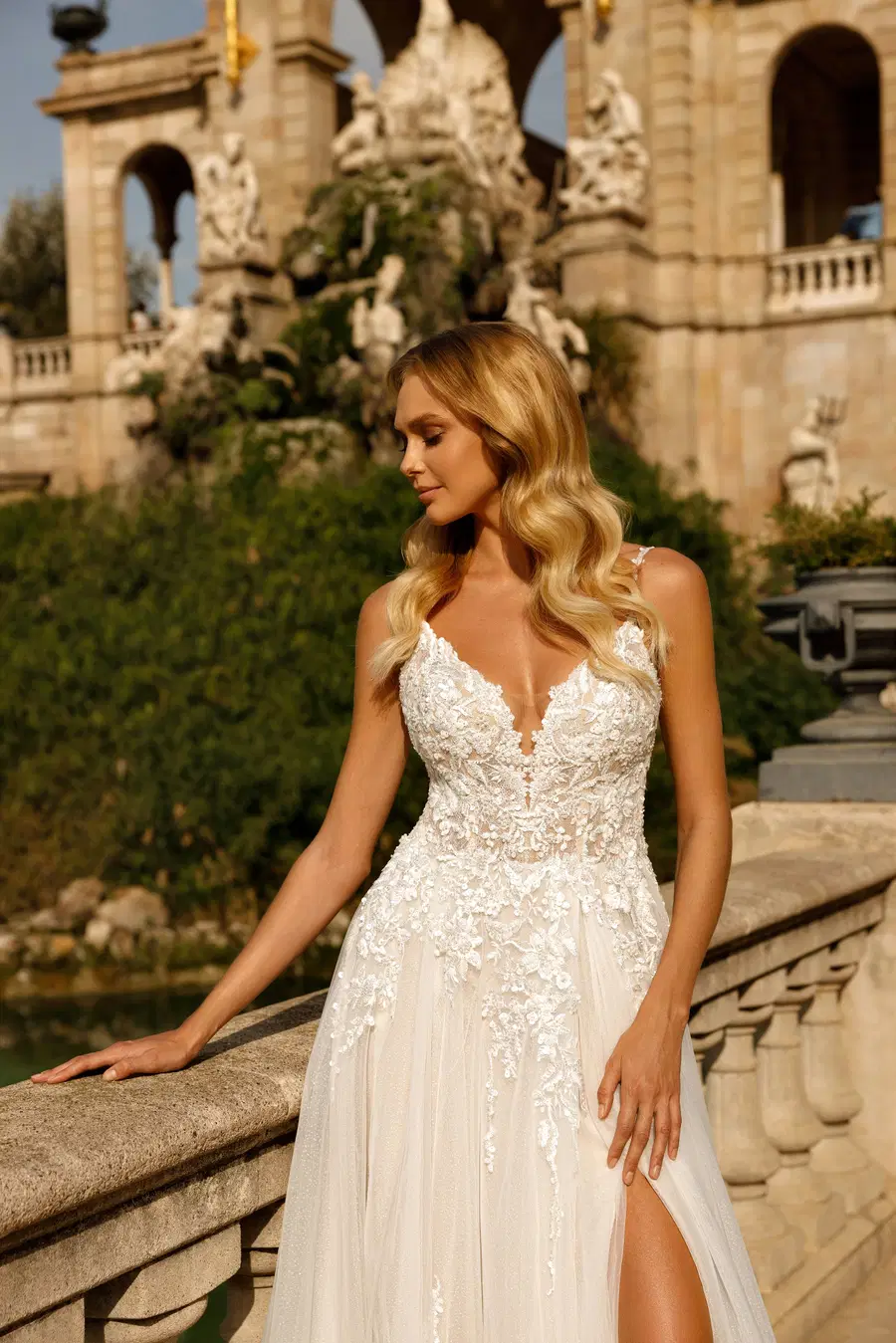 3518 by Monica Loretti: A-Line silhouette, deep V-neck neckline, lace