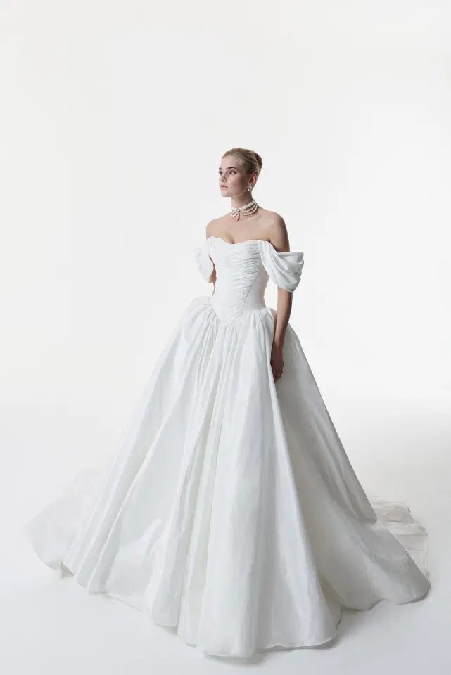 Diana by Josephine Scott: Ball Gown silhouette, off-shoulder neckline, sleeveless, taffeta