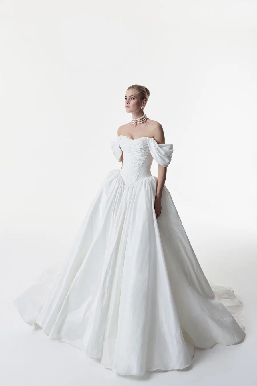 Diana by Josephine Scott: Ball Gown silhouette, off-shoulder neckline, sleeveless, taffeta