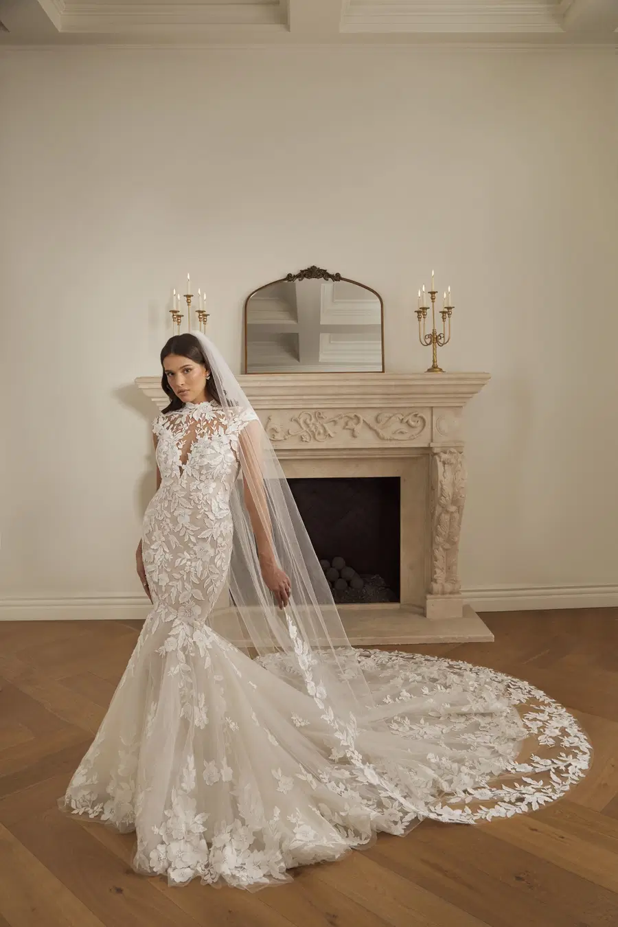 Wren by Casablanca Bridal: Mermaid silhouette, high / halter neckline, cap sleeves, lace
