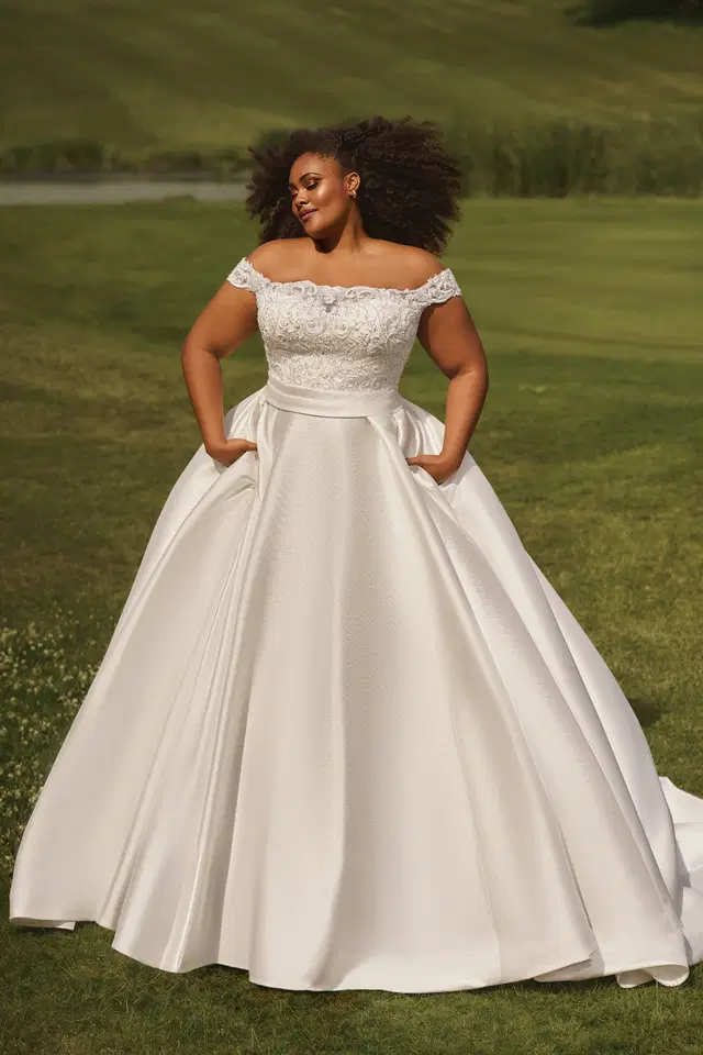 PH7027 by Envy by Phoenix: Ball Gown silhouette, off-shoulder neckline, mikado, chapel train