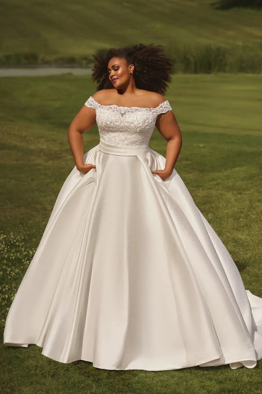 PH7027 by Envy by Phoenix: Ball Gown silhouette, off-shoulder neckline, mikado, chapel train