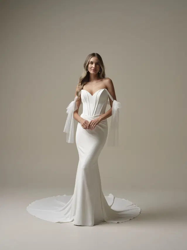 Jace by Maggie Sottero: Fit & Flare silhouette, deep V-neck neckline, sleeveless, crepe