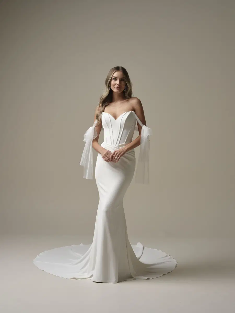 Jace by Maggie Sottero: Fit & Flare silhouette, deep V-neck neckline, sleeveless, crepe