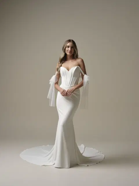 Jace wedding dress by Maggie Sottero, fit & flare, crepe
