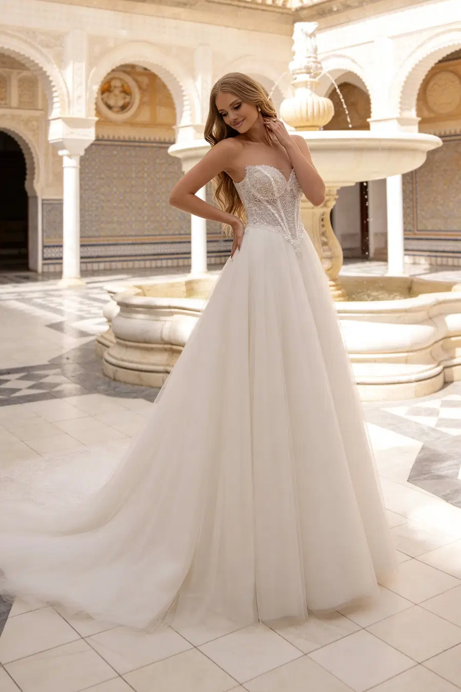 S5608 Ornella by Serena: Princess silhouette, cat eye neckline, sleeveless, lace
