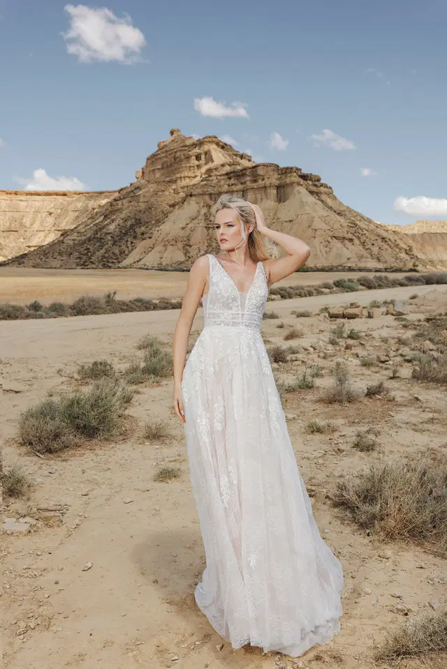 DT302 by Duett: A-Line silhouette, deep V-neck neckline, sleeveless, lace