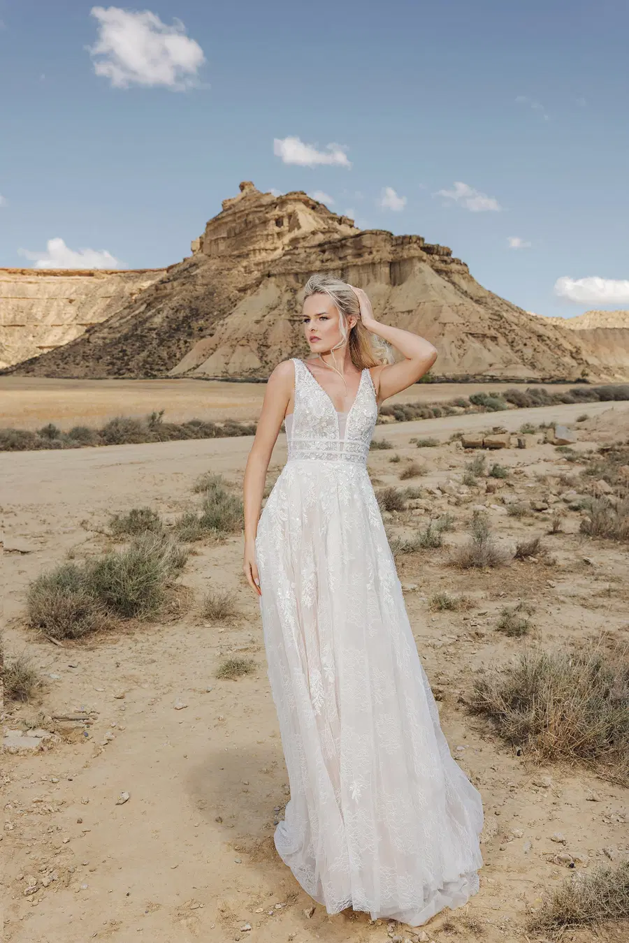 DT302 by Duett: A-Line silhouette, deep V-neck neckline, sleeveless, lace