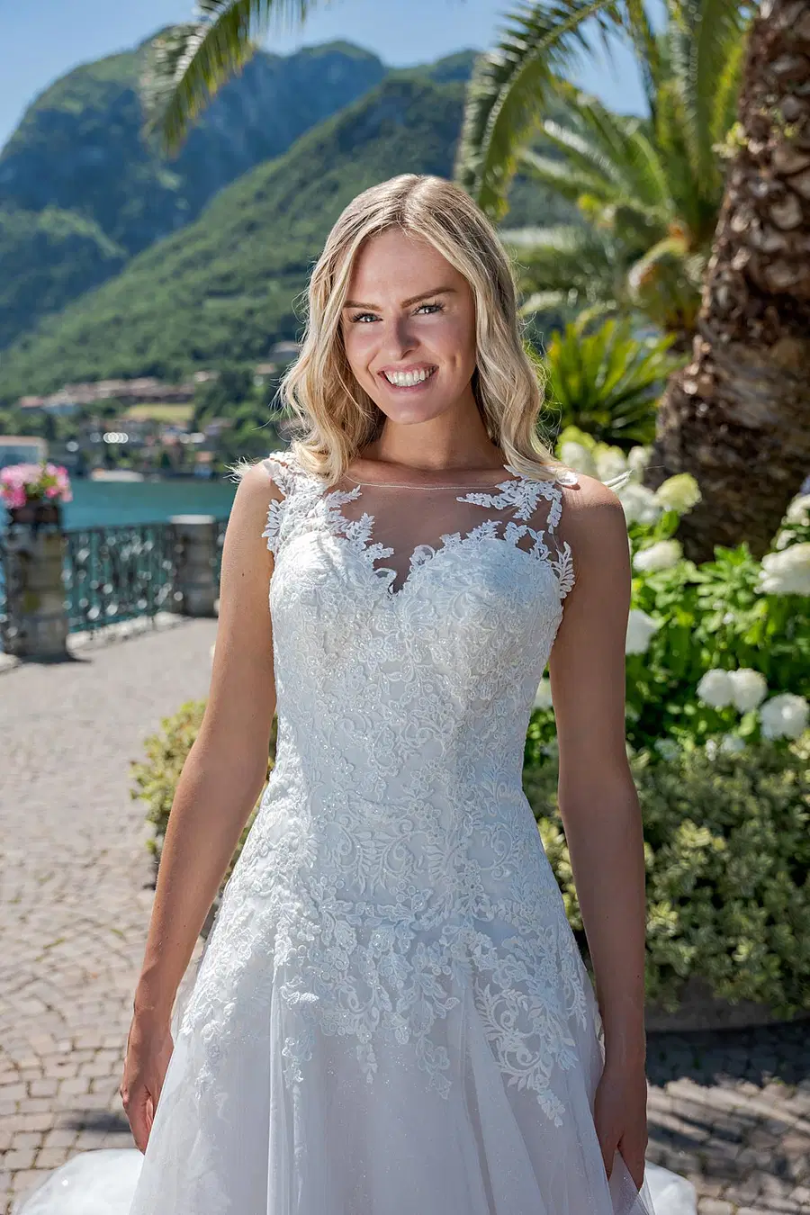 VN32 ivory by Vera Nova: A-Line silhouette, illusion neckline, sleeveless, lace