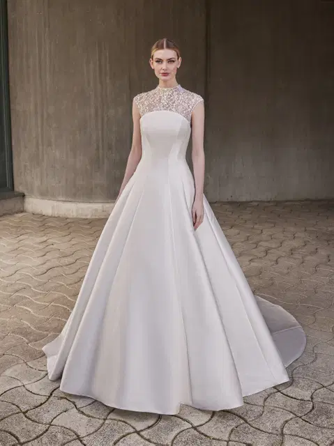 Carlotta wedding dress by Pronovias, A-line, satin