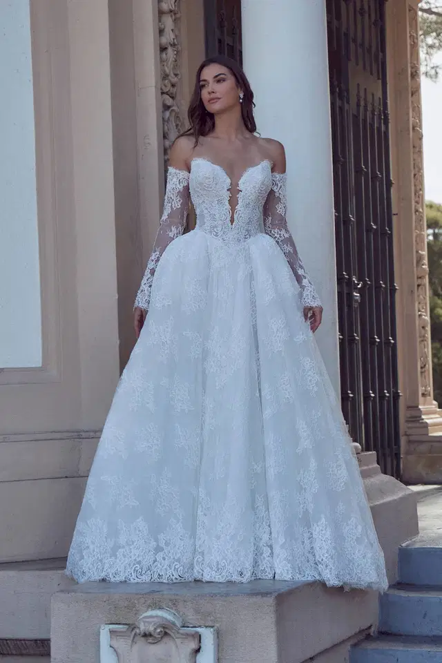 126257 Persia by Calla Blanche: Ball Gown silhouette, deep V-neck neckline, long sleeves, lace