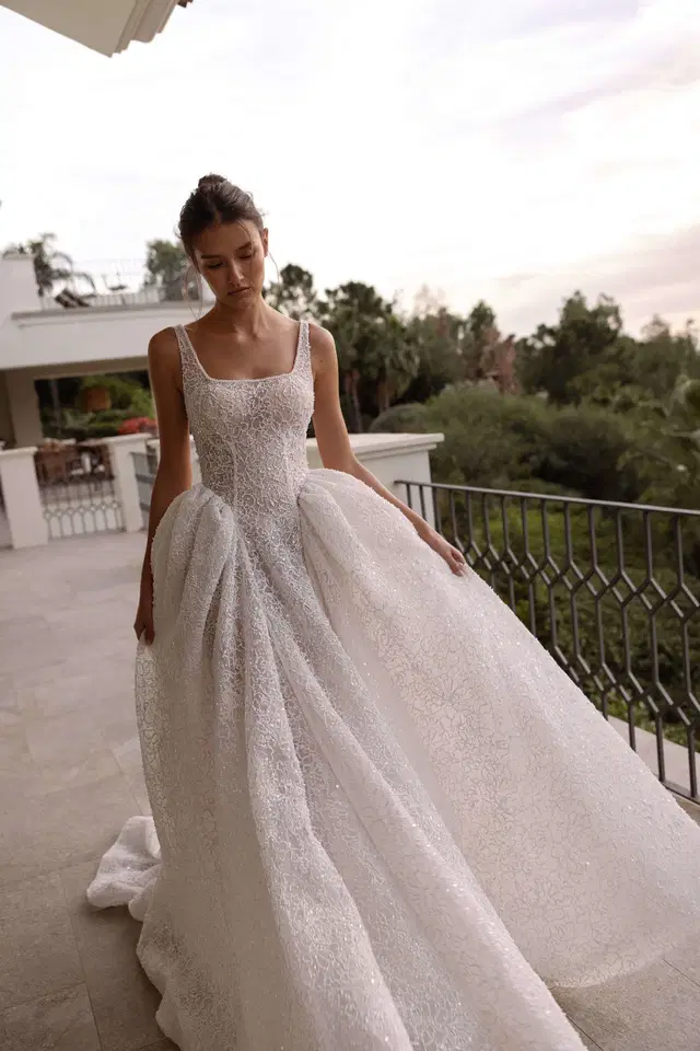 Opaline by Tina Valerdi: Ball Gown silhouette, square neckline, sleeveless, lace