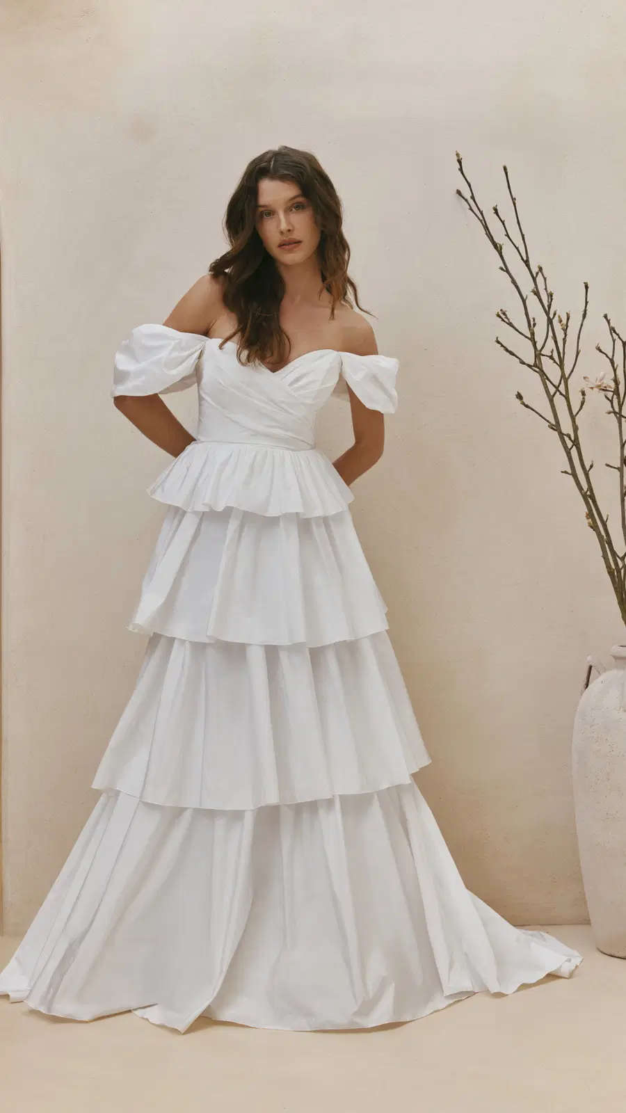 Solane by Anna Kara: Two-Piece silhouette, semi sweetheart neckline, separate sleeves, taffeta