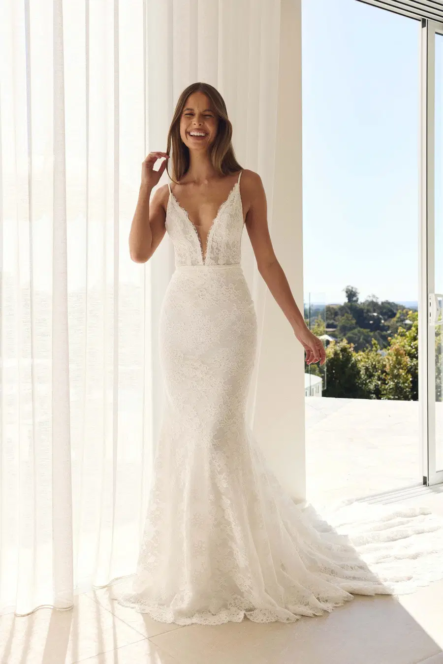 Zak by MWL Bride: Trumpet silhouette, deep V-neck neckline, sleeveless, lace