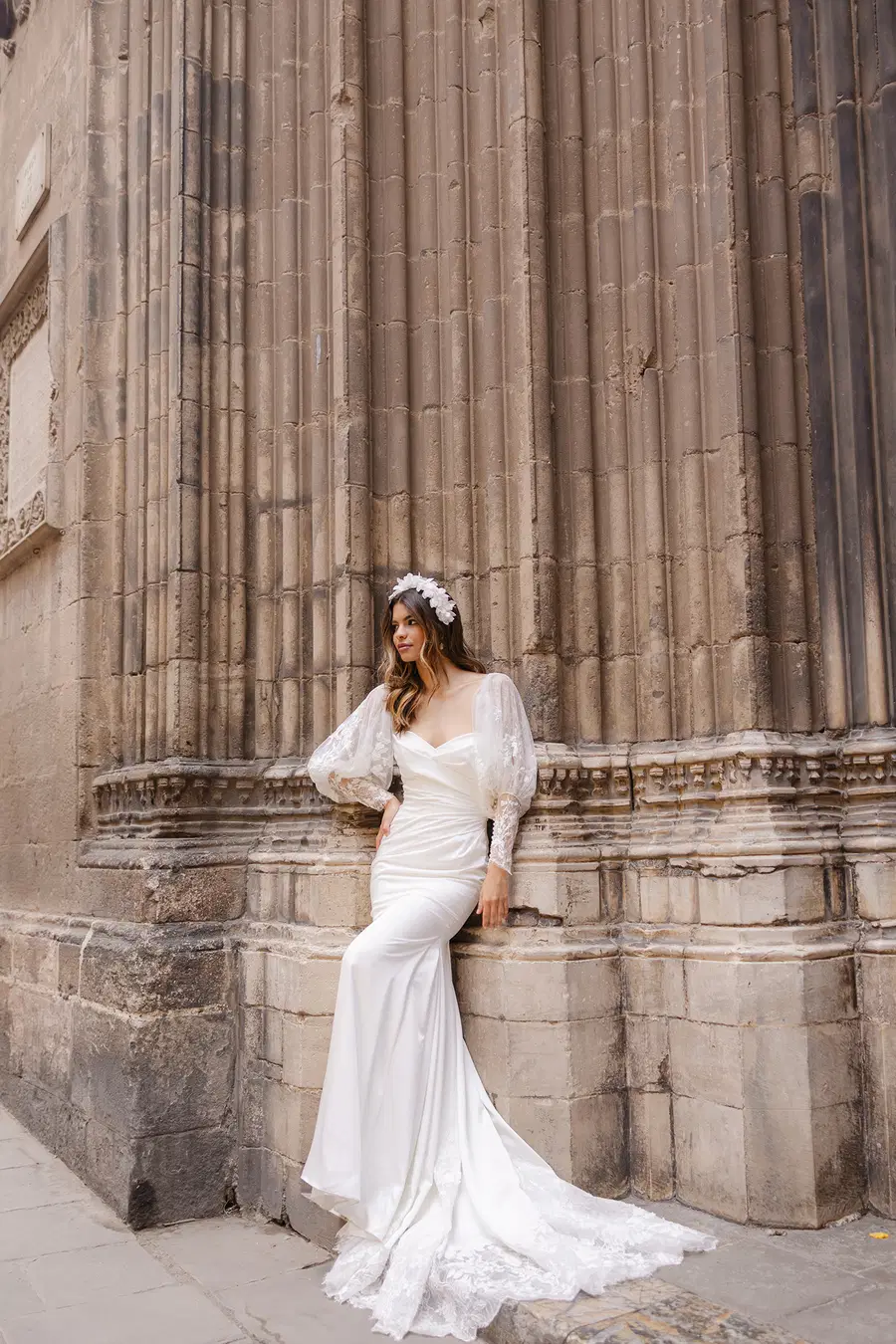 Ashby by Josephine Scott: Trumpet silhouette, sweetheart neckline, long sleeves, crepe