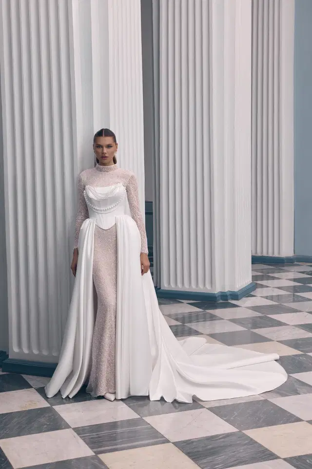 Editha by Carfelli: Mermaid silhouette, high / halter neckline, long sleeves, lace