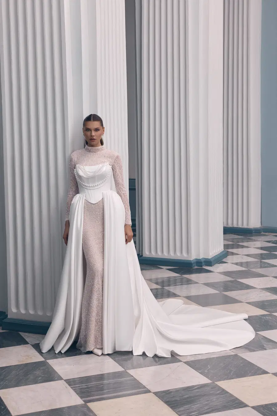 Editha by Carfelli: Mermaid silhouette, high / halter neckline, long sleeves, lace