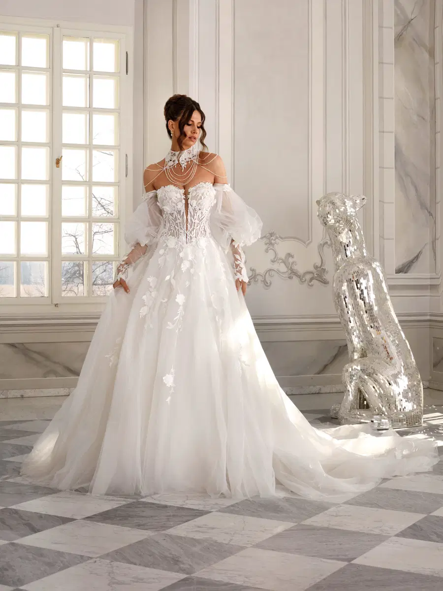 Krystal by Vanilla Sposa: A-Line silhouette, deep V-neck neckline, separate sleeves, lace