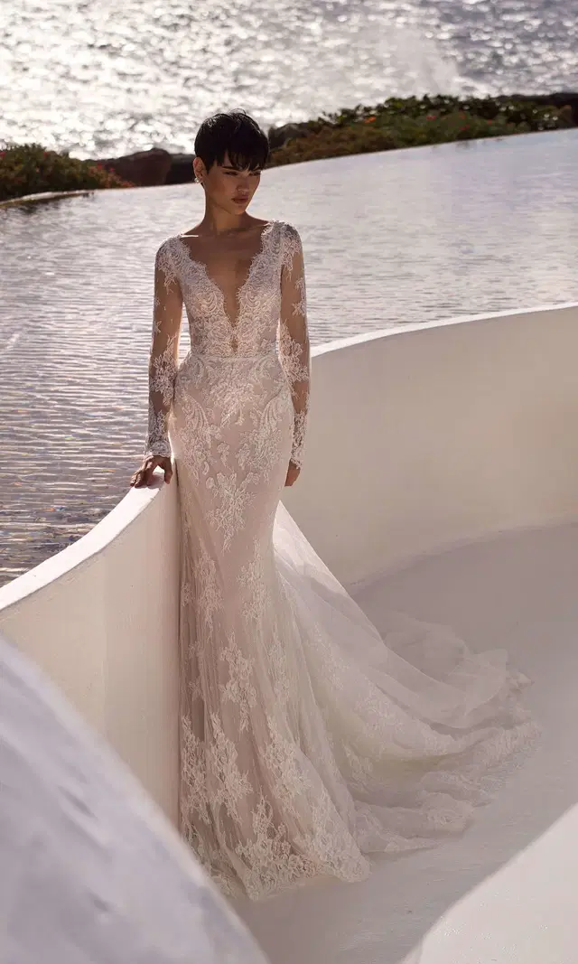 Adora by Milla Nova: Mermaid silhouette, deep V-neck neckline, long sleeves, chantilly