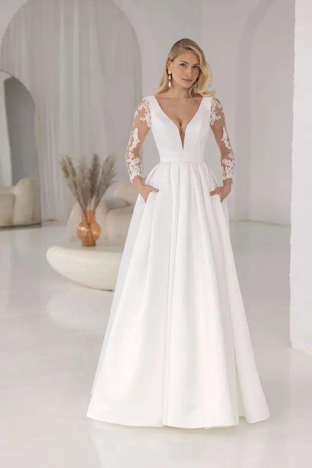Lyss by Jarice: Ball Gown silhouette, long sleeves, satin, cathedral train