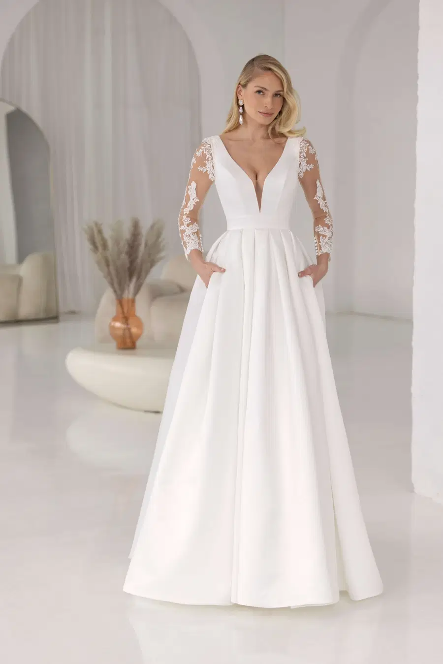 Lyss by Jarice: Ball Gown silhouette, long sleeves, satin, cathedral train