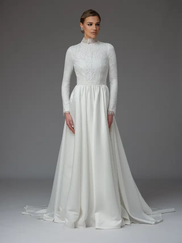 Yasmin by Katya Katya London: A-Line silhouette, high / halter neckline, long sleeves, lace