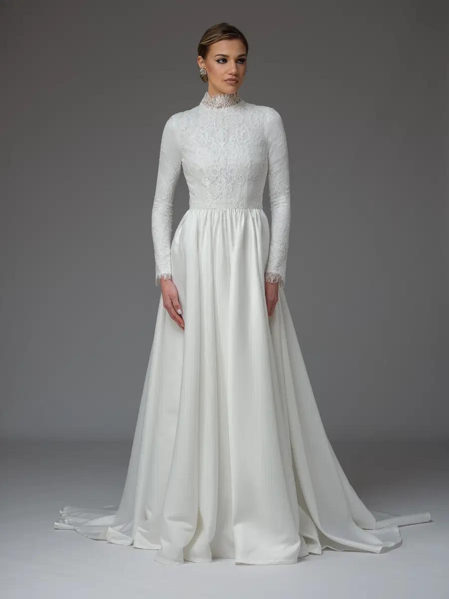Yasmin by Katya Katya London: A-Line silhouette, high / halter neckline, long sleeves, lace