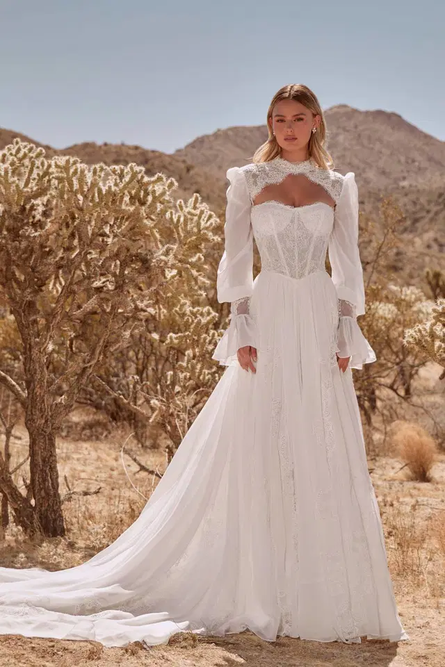 LP2601 Arden by Calla Blanche: A-Line silhouette, high / halter neckline, long sleeves, lace