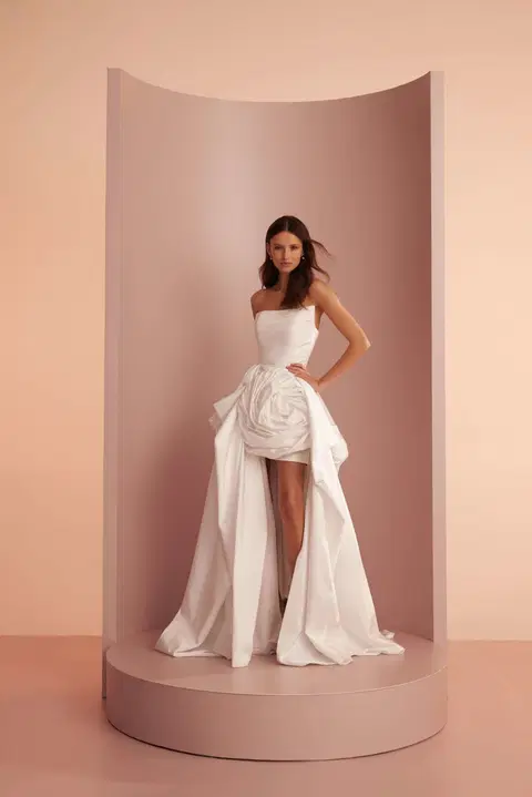 Style L405 wedding dress by Ariamo Light, high low, satin