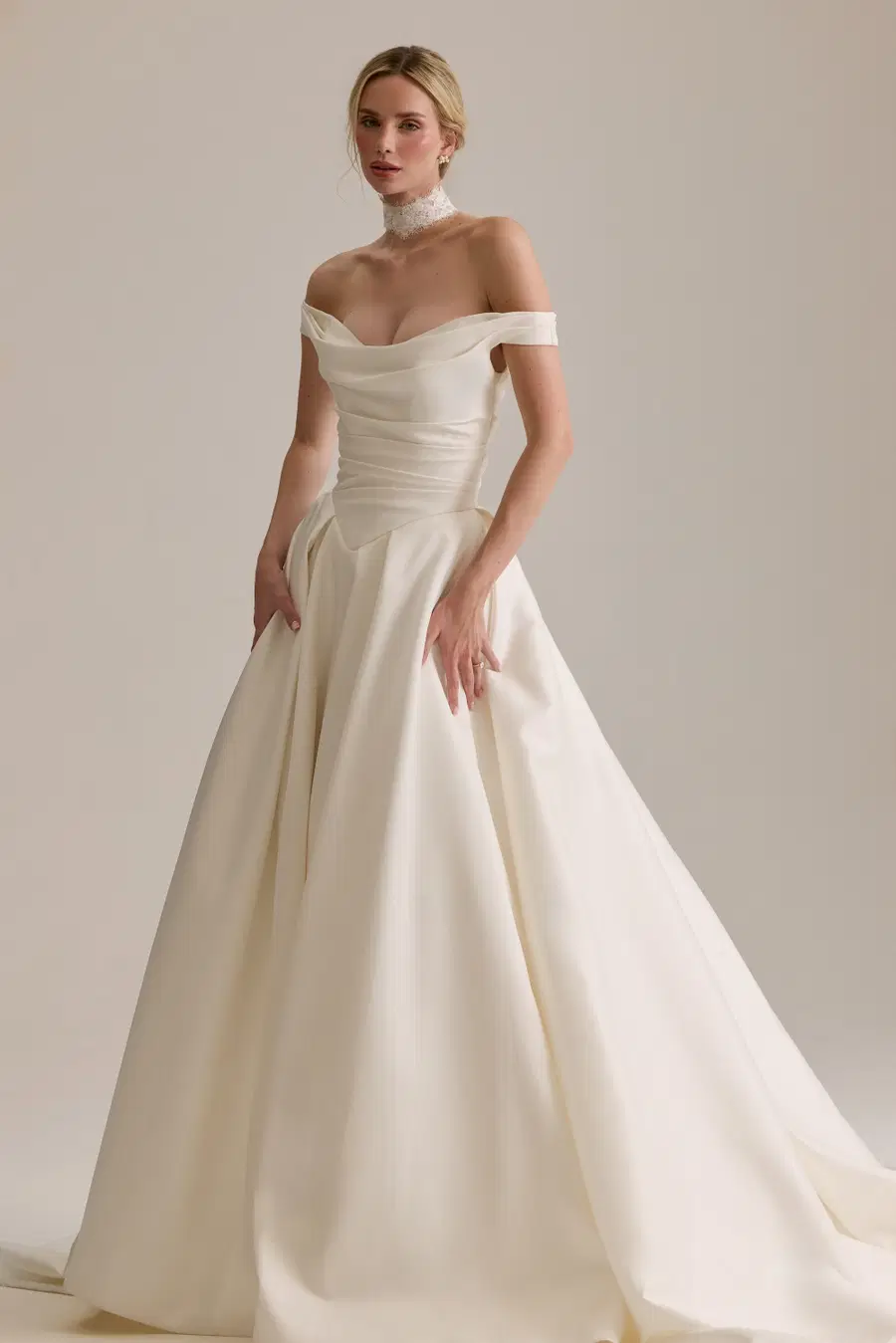 Coralie by Josephine Scott: Ball Gown silhouette, off-shoulder neckline, sleeveless, satin